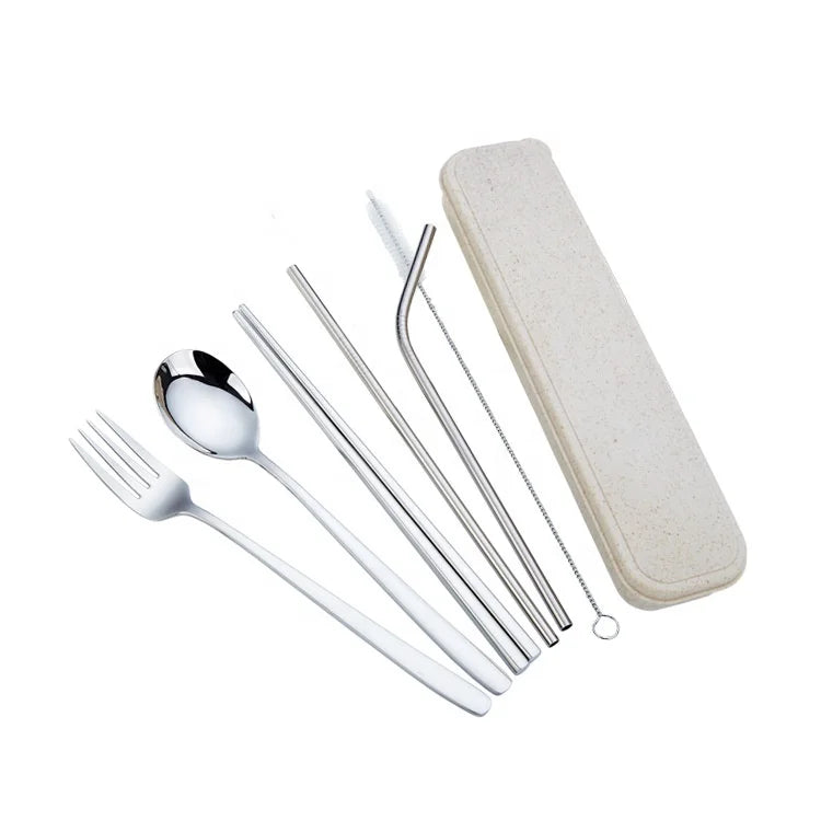 Stainless Steel SUS 304 Mirror Polished Outdoor Camping Portable Travel Cutlery Set with Chopsticks Straw Fork Spoon with Case