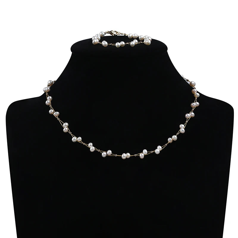 Zhuji Luxury Trendy Wedding Engagement Anniversary Gift for Women 4-5mm Rice Pearl Bracelet Necklace Set