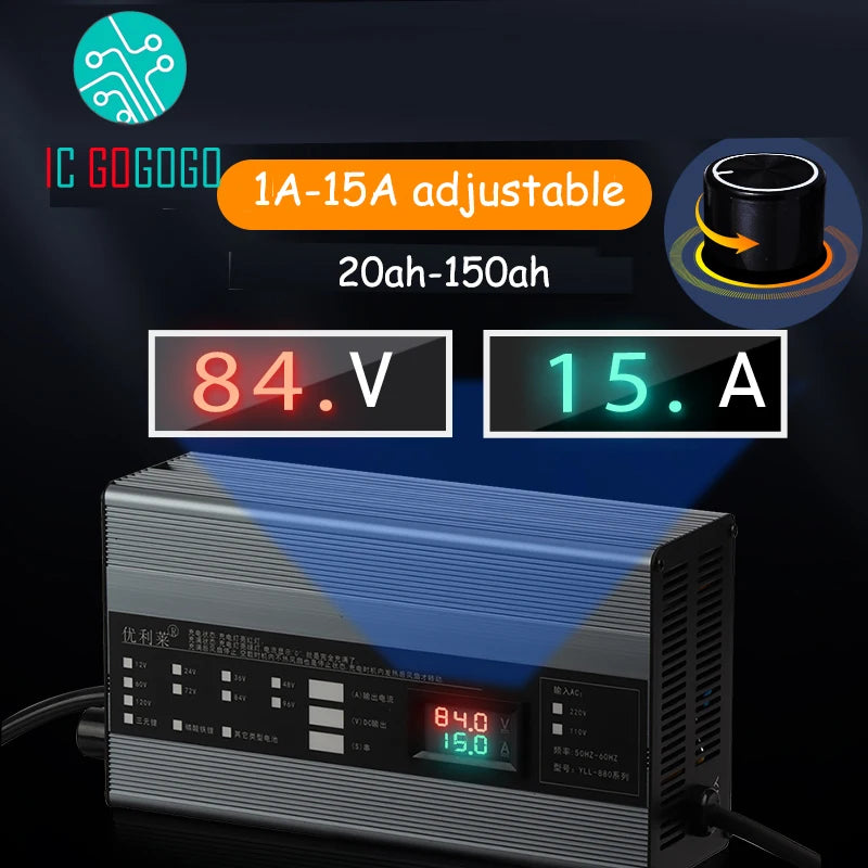 1A - 15A 36V 48V 58.4V 72V 60V 67.2V 84V Li-ion LiPo Lifepo4 Lithium Battery Charger Lead Acid Curren Adjustable Fast Charge 20S