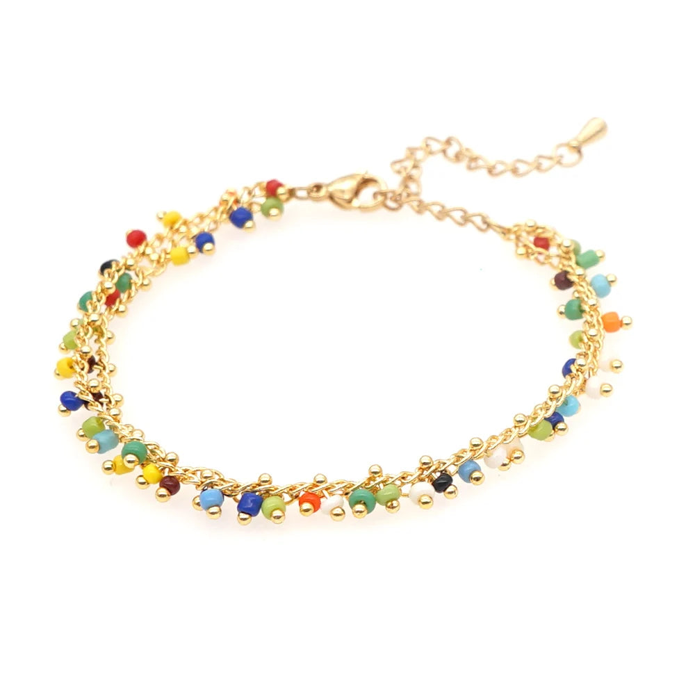 Go2boho Bohemian  Chain Flower Design Fashion Jewelry Multicolor Dainty Glass Beaded Bracelet for Women Trendy
