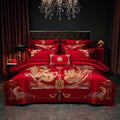 Wholesale Chinese Style Satin Big Red king Bed Sheets 100%cotton Golden Embroidery Bride Bedding Sets