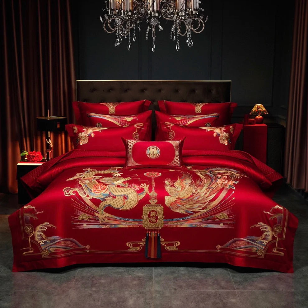 Wholesale Chinese Style Satin Big Red king Bed Sheets 100%cotton Golden Embroidery Bride Bedding Sets
