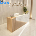 Kisen Modern Beauty Spa Salon Nail Furniture Wooden White Marble with Gold Reception Table Counter Desk for Sale