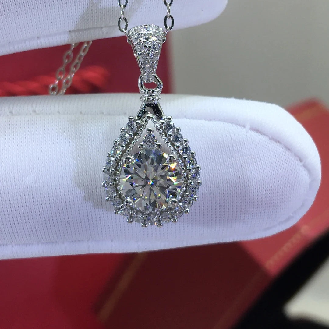 Passed Diamond Test Excellent Cut 1 Carat D Color Moissanite Fire Water Drop Pendant Necklace 925 Sterling Silver Party Chain