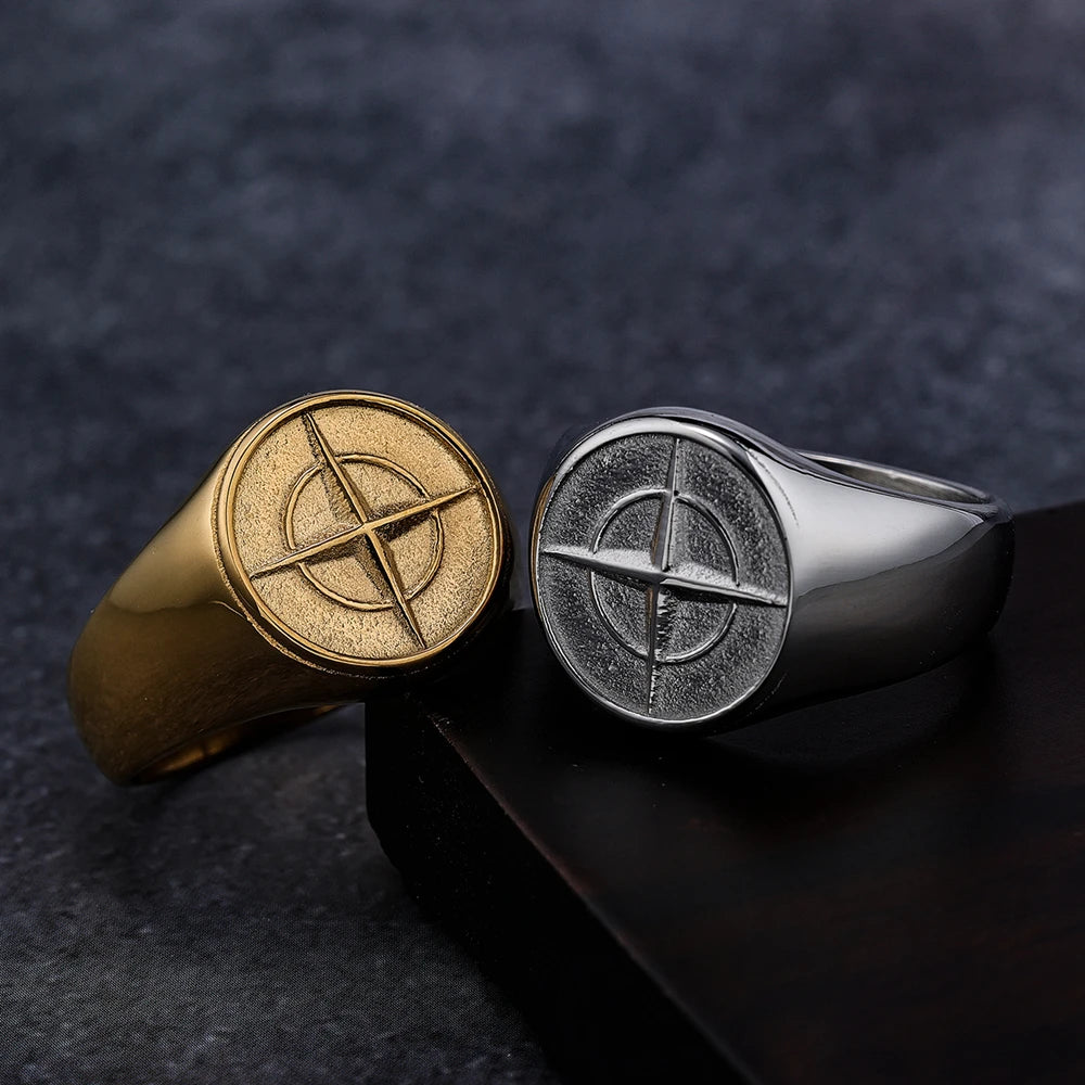 New Fashion Mens Jewelry Ring Stainless Steel Minimalistic Gold Plated Compass Signet  Ring Compass Cross Star Rings Men Women