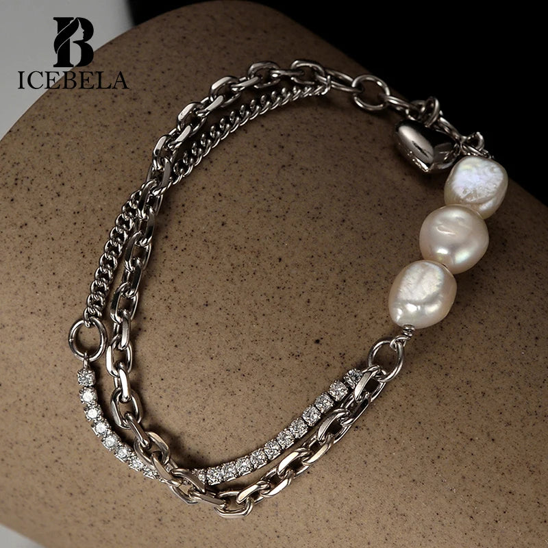 Icebela Jewelry S925 Sterling Silver Handmade Heart Charm Bracelet Women's Zircon and Baroque Pearl Bracelet