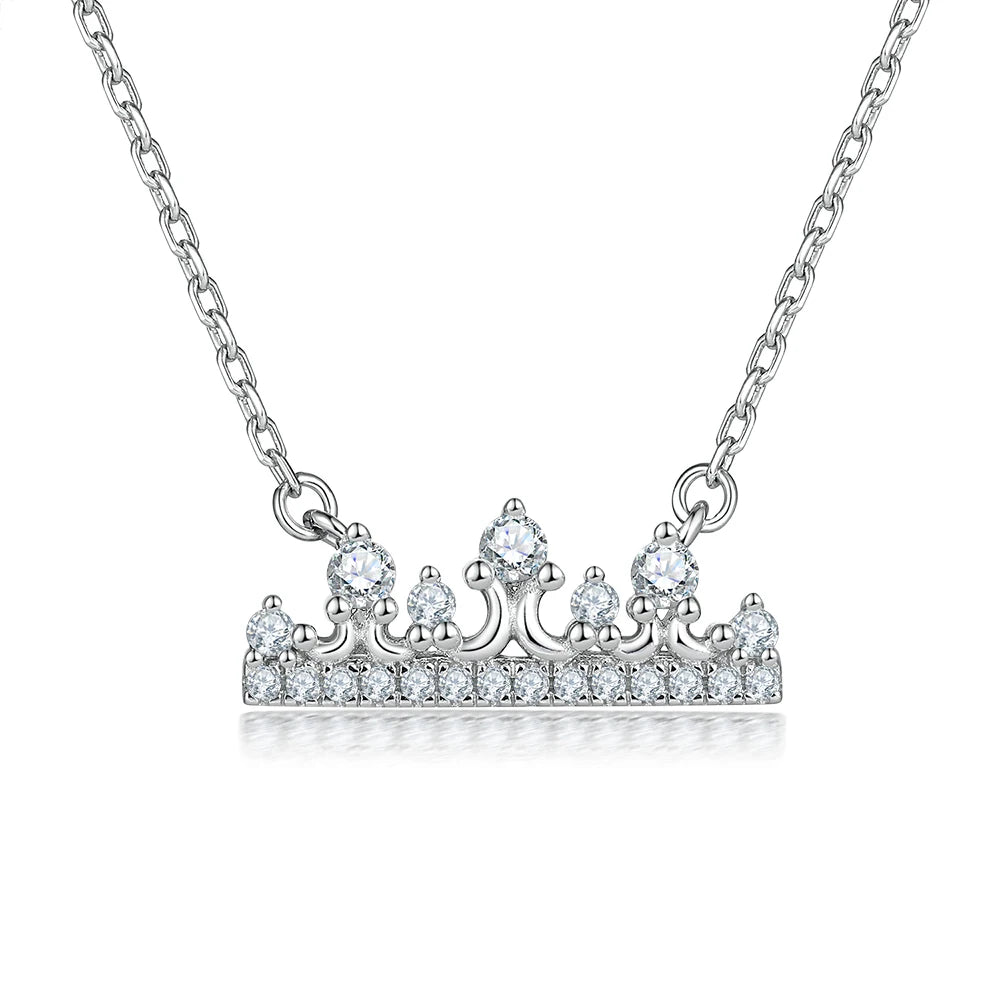 925 Sterling Silver Vintage Metal Charms Princess Crown Zircon Pendant Necklace