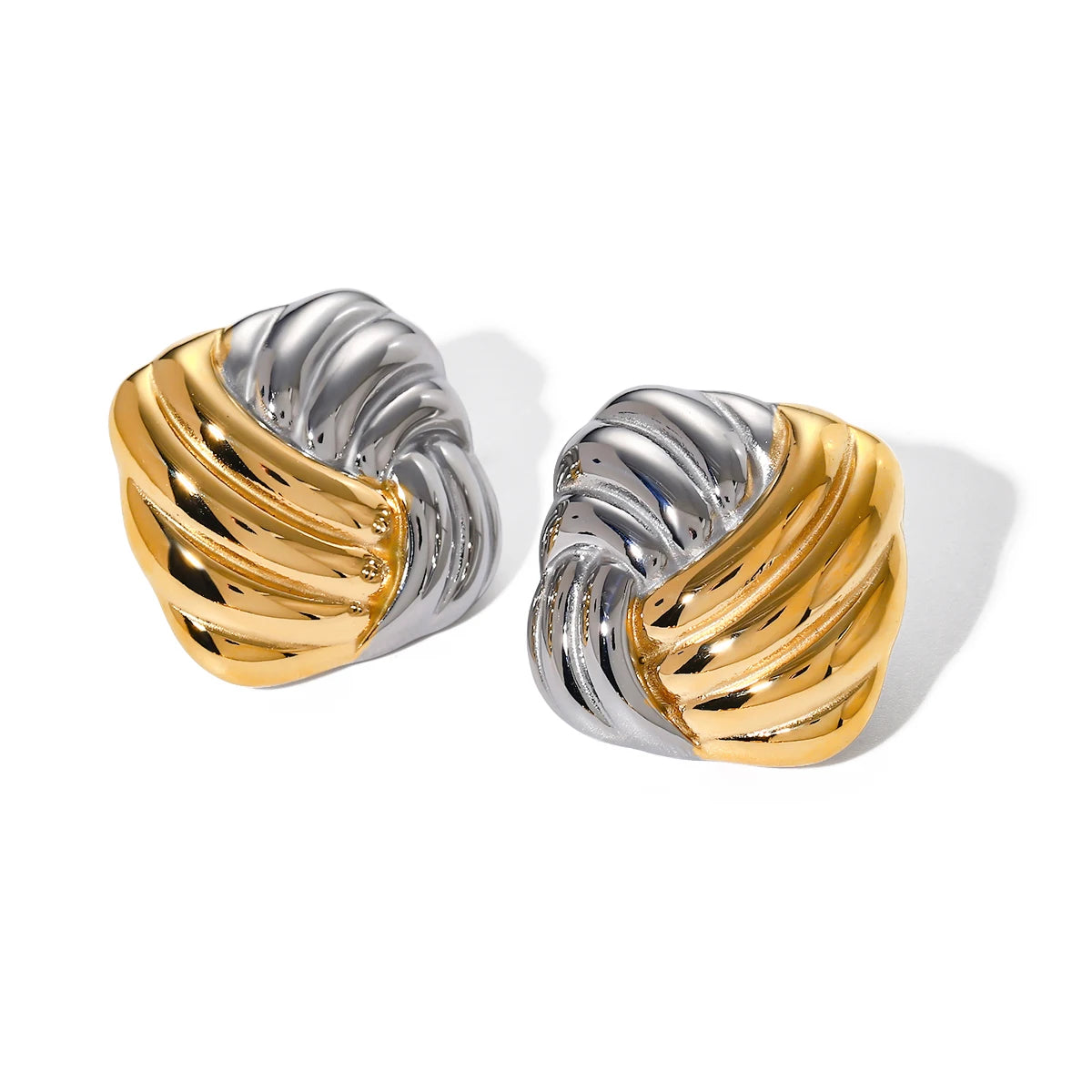 N&S 18K Gold Stainless Steel Two-Tone Square Twisted Thread Earrings Unique Original Design Jewelry