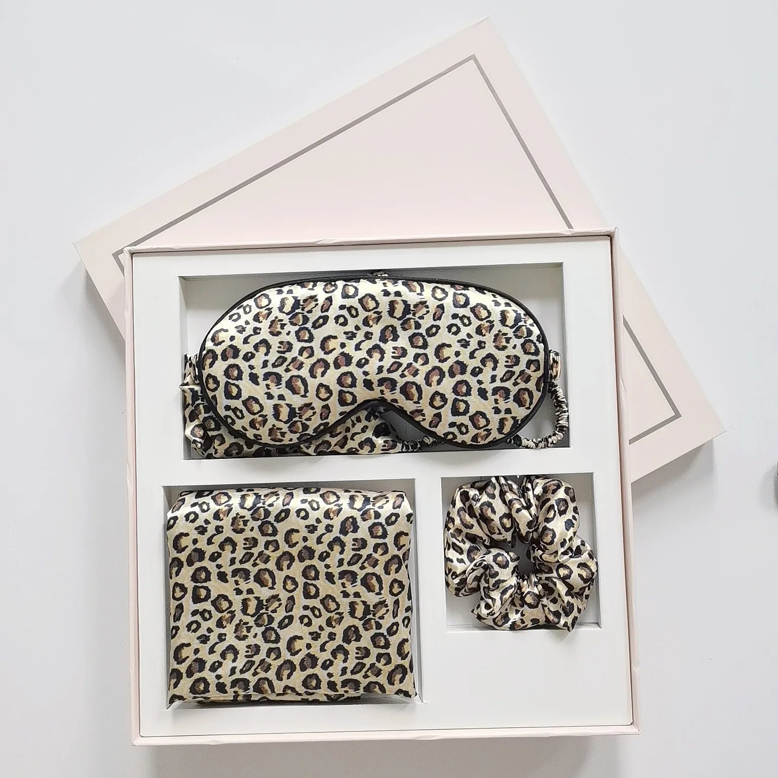 Set of 5 Travel Shading Sleep Kit Leopard Print Imitation Silk Satin Pillowcase Hair Band Scrunchies and Eye Mask Suit