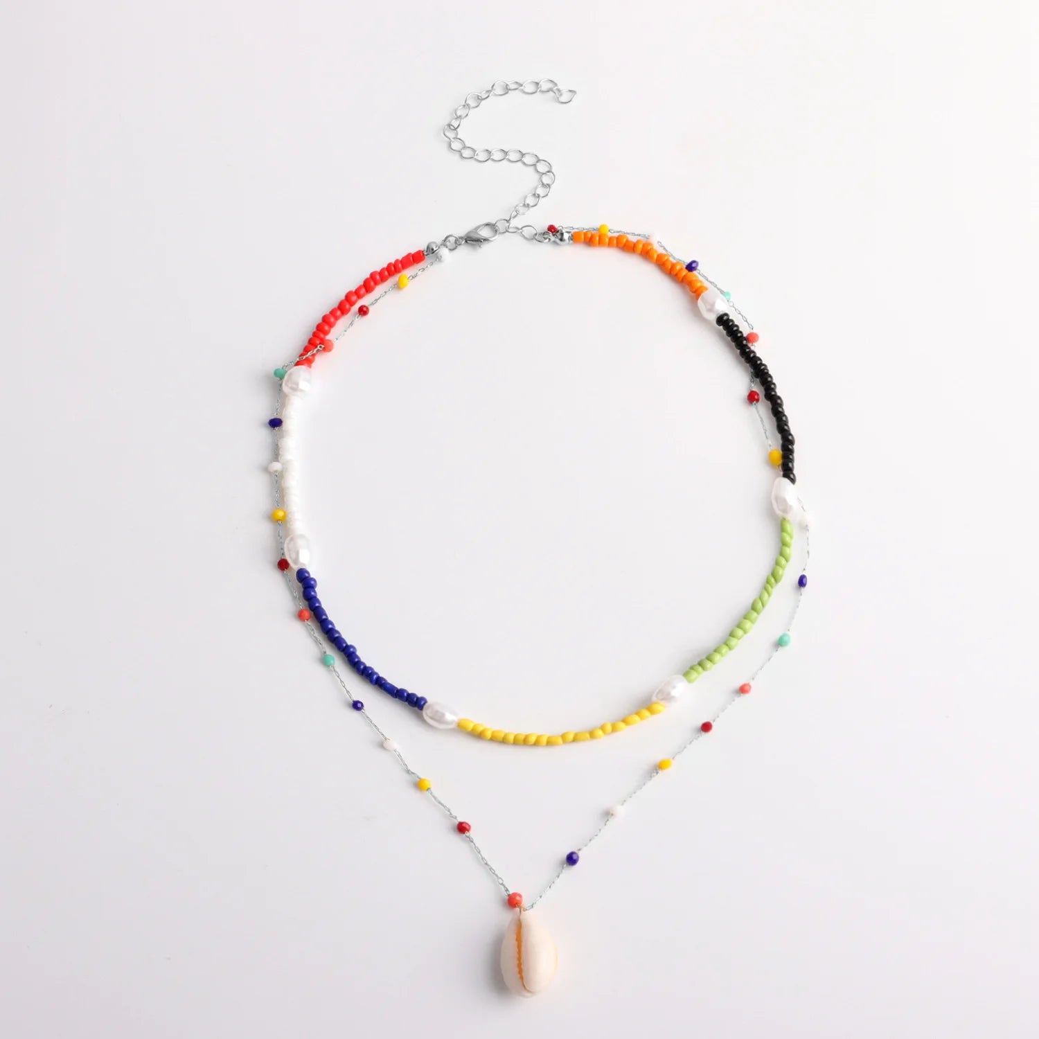 Bohemian Colorful Seed Glass Bead Beach 2layers Shell Pendant Knitting Necklace GMN024
