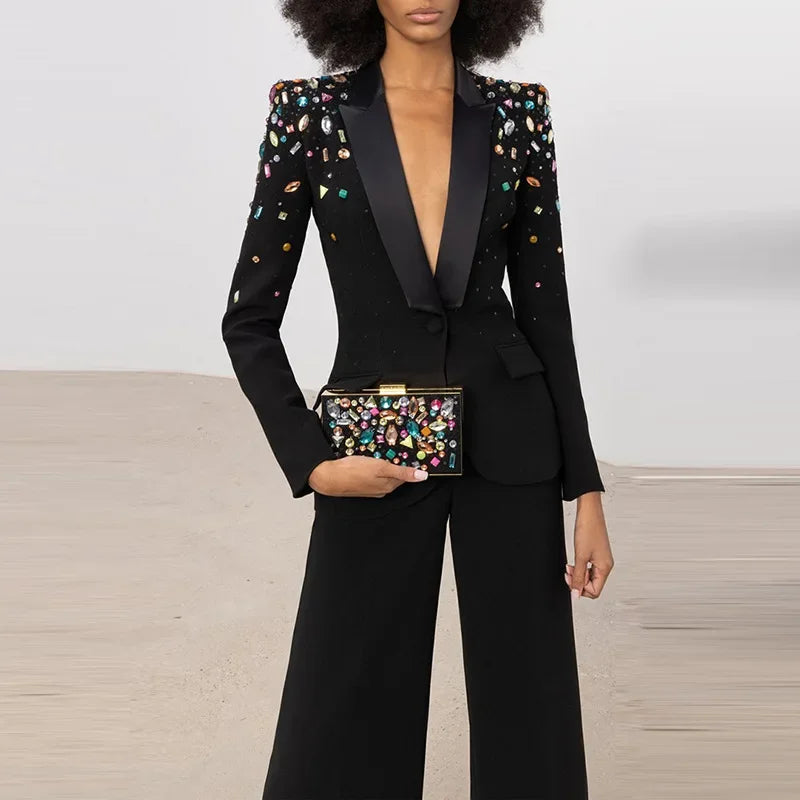 Women Formal Dresses Office Lady Elegant Women Two Piece Set Long Rhinestone Party Dress Blazer