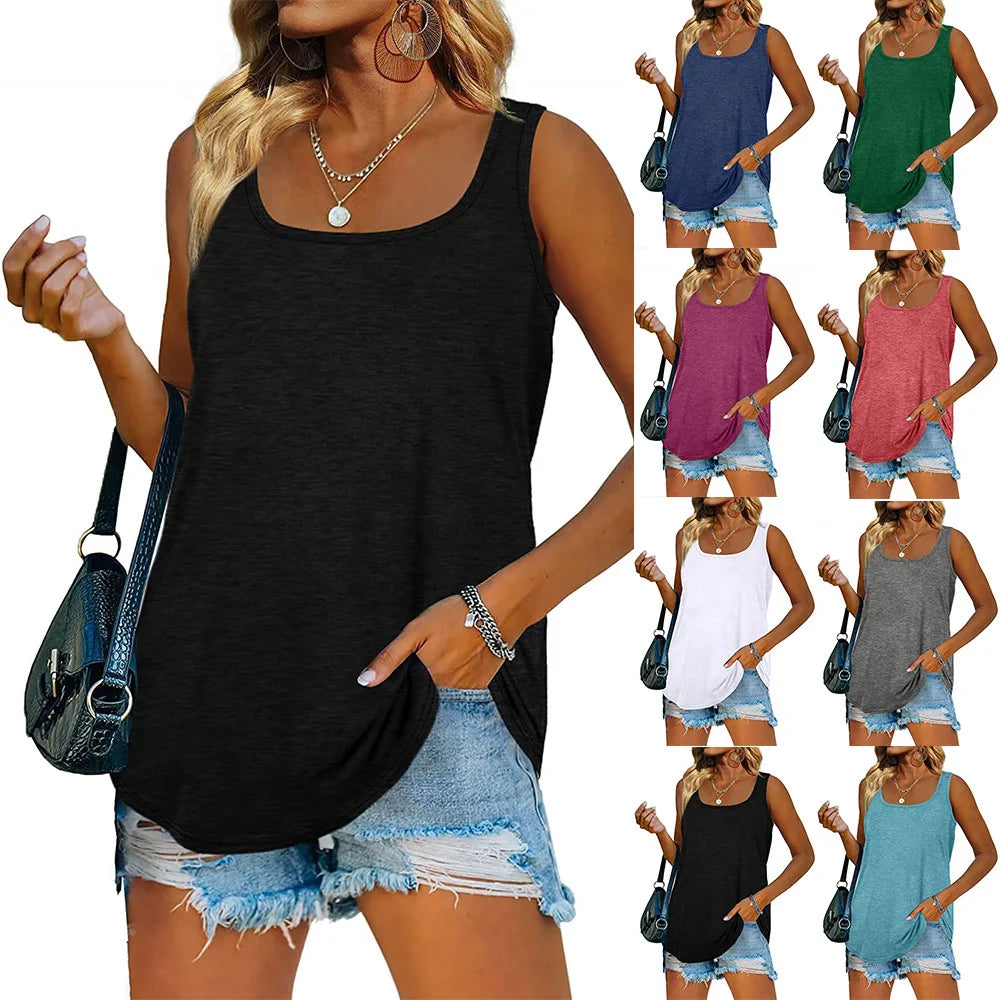 S-XXL Women's Tank Top U Neck Hem Leisure and Flowing Summer Sleeveless Top T-shirt