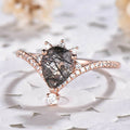 925 Sterling Silver Unique Art Deco Black Rutilated Quartz Engagement Rings