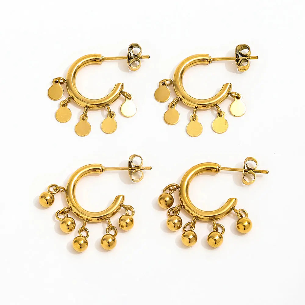 Trendy 18K PVD Gold Plated Tarnish-Free Stainless Steel Bead Dot Tassel Mini C Hoop Earring Stylish Geometric Design Wholesale