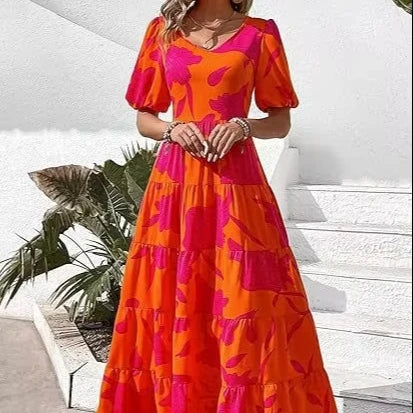 Women Summer Dresses Designer Women Clothing Short Puff Sleeve Smocked Tiered Beach Sundress Casual Printed Tie Waist Dress