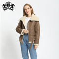Janefur Women Shearling Jacket Winter Warm Big Collar Leather Women Vegan Faux Shearling Coat With Leather Belt