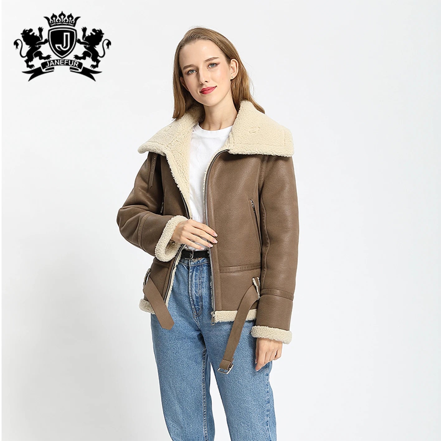 Janefur Women Shearling Jacket Winter Warm Big Collar Leather Women Vegan Faux Shearling Coat With Leather Belt