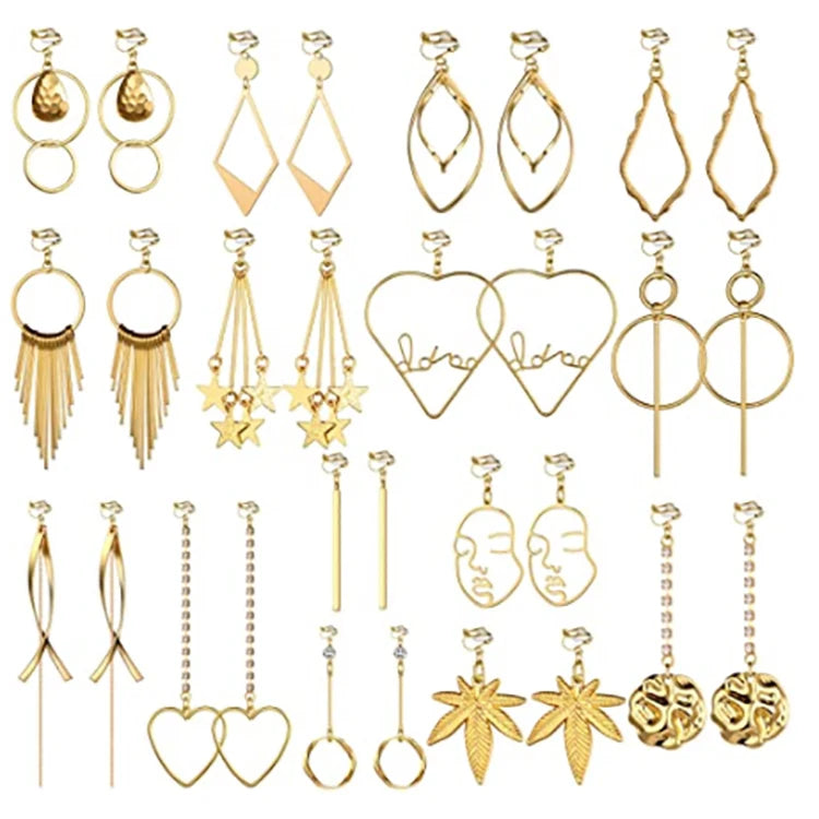 Fashion Bohemian Gold Clip Earrings Heart Star Tassel Geometric Pendant Earrings for Girls