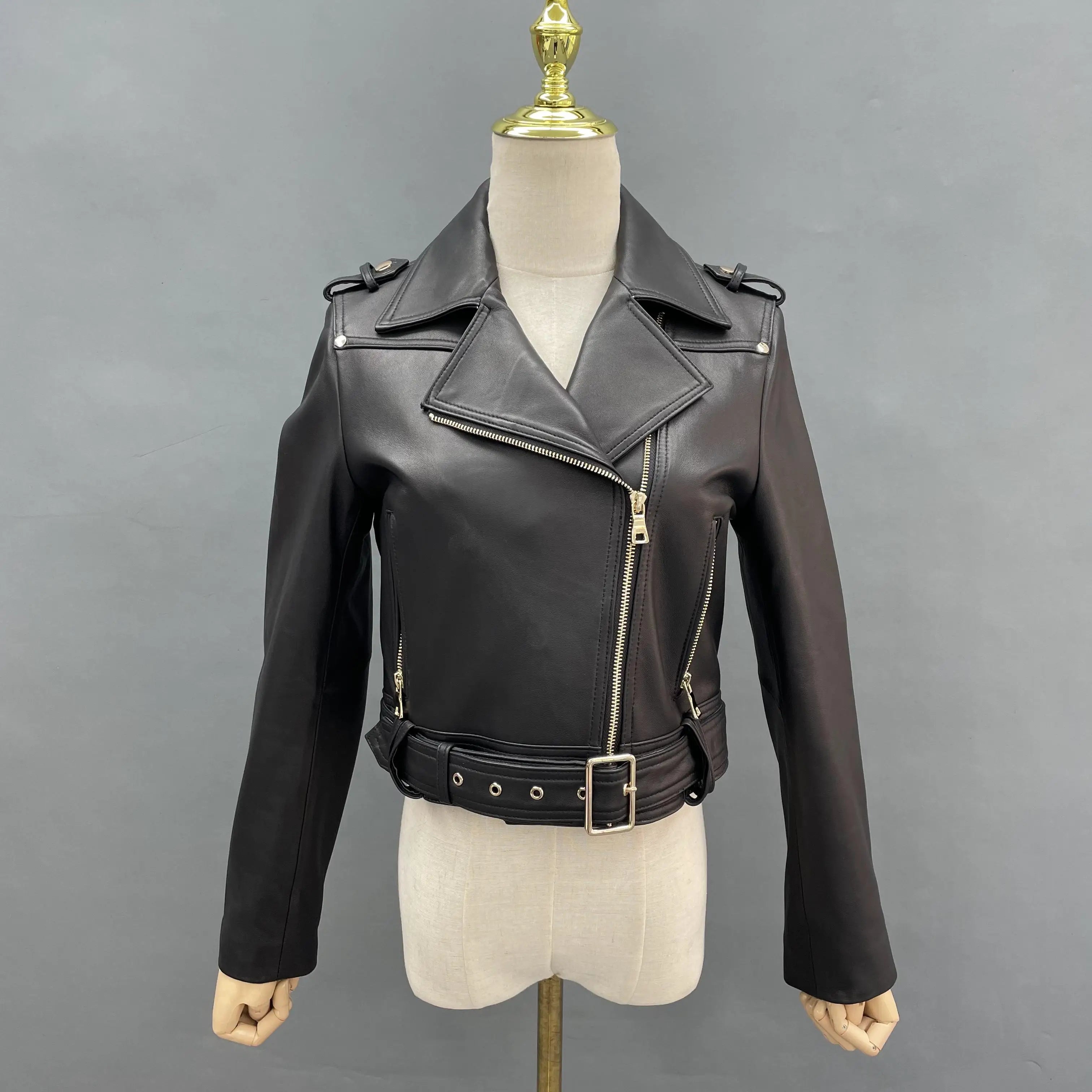 Wholesale Fashion Black Zipper Leather Jackets Custom Size Women Sheep Leather Coat