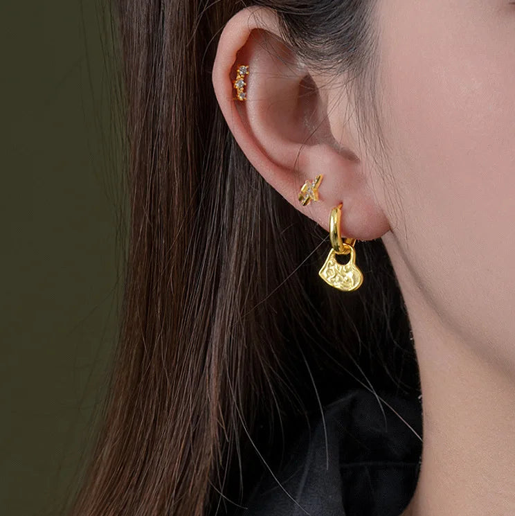 Fine Jewelry 925 Sterling Silver Irregular Texture Heart Pendant Hoop Earrings for Women Gold Plated Versatile Circle Earrings
