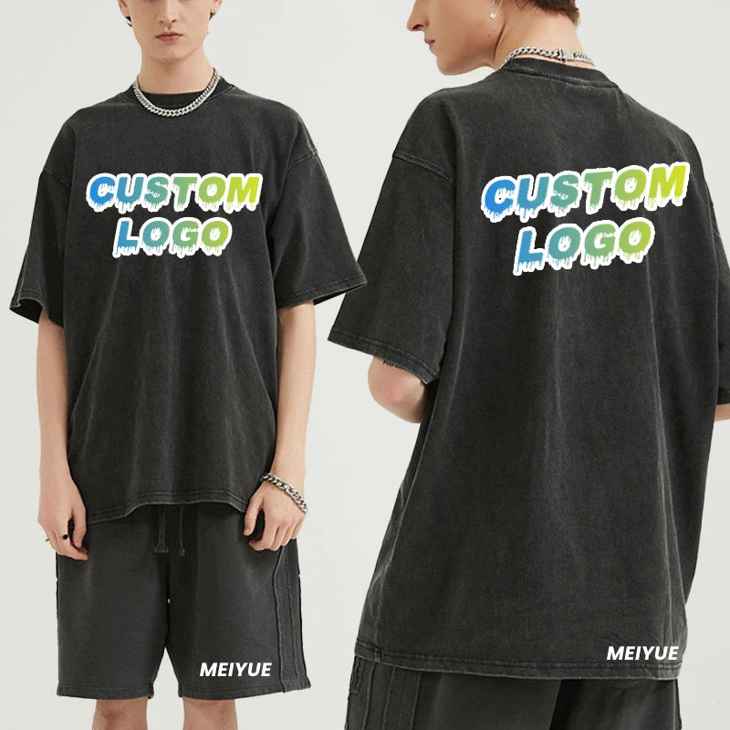 Clothing Manufacturers Custom Logo Acid Wash Vintage T-Shirt Oversized Acid Wash T Shirt 100% Cotton Shorts 2 Piece Set Men