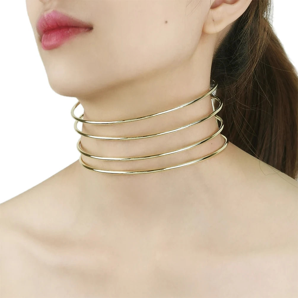 HANSIDON Four Layereds Metal Torques Bib Neck Choker Necklaces for Women Fashion Golden Chocker Statement Indian Africa Jewelry