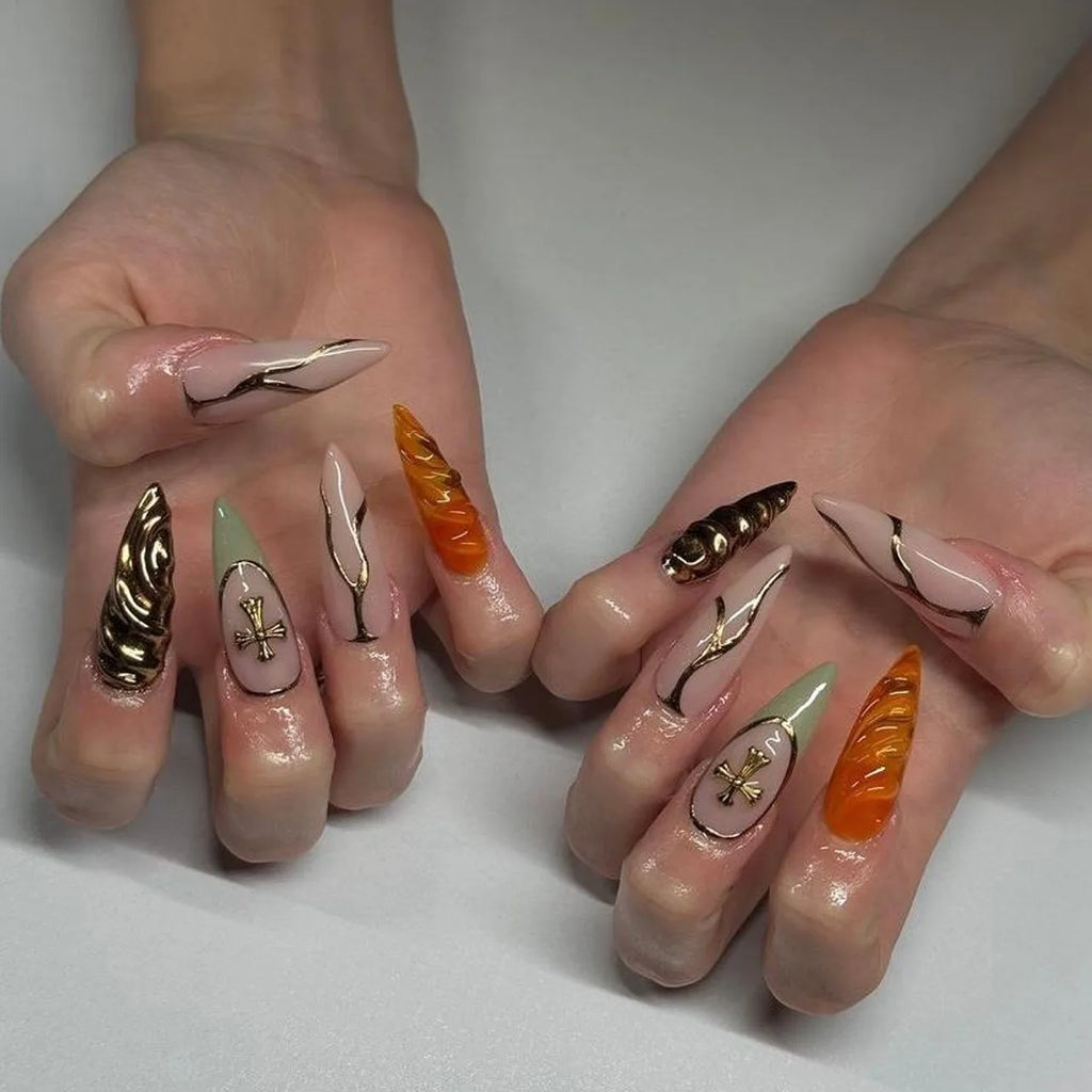 Dropshipping 24Pcs Minimalist French Solid Color 3D Cross Design Almond Press on Nails Artificial Fingernails Customize 3524