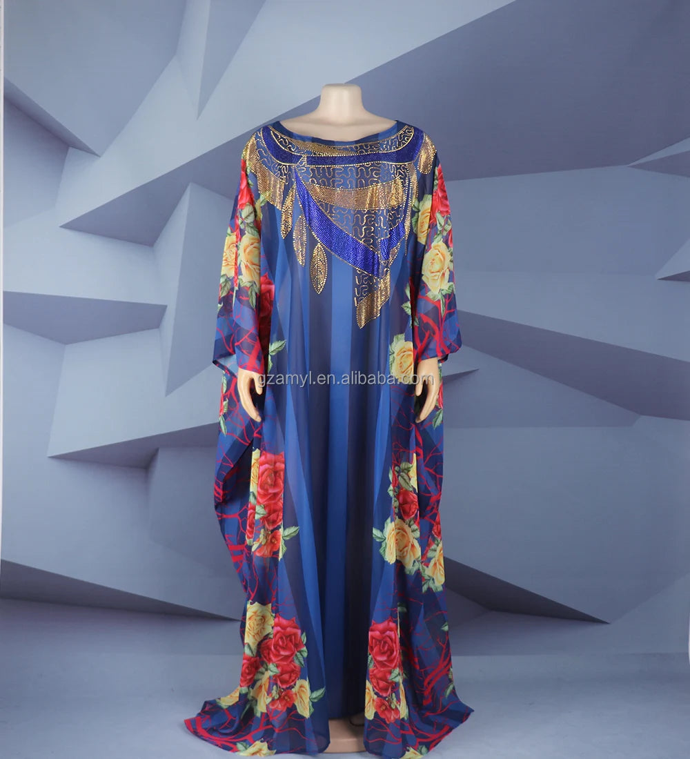 Beautiful African Women Dress Senegalise Favourite Two Piece Full Loose Chiffon Rhinestone Set Plus Size Women's Dresses