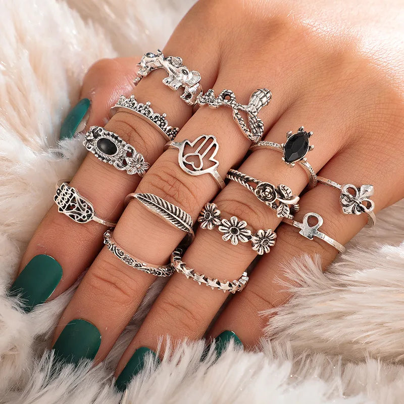 Punk Gothic Butterfly Snake Black Dice Vintage Silver Plated Retro Rhinestone Charm Finger Ring Set for Women Jewelry