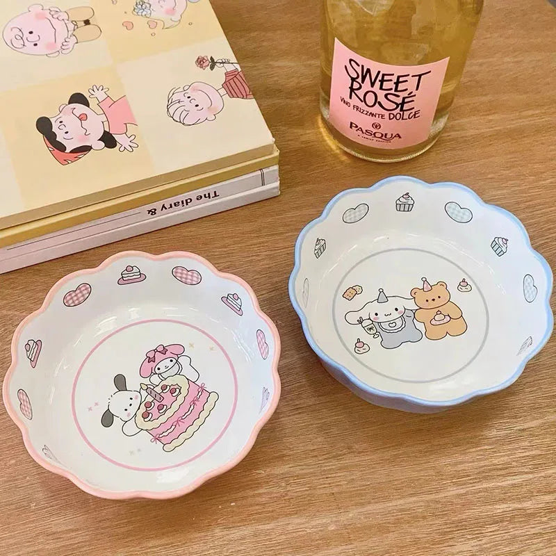Japanese Lace Ceramic Bowl Children's Breakfast Bowl Home Cute Cartoon Cereal Salad Bowl