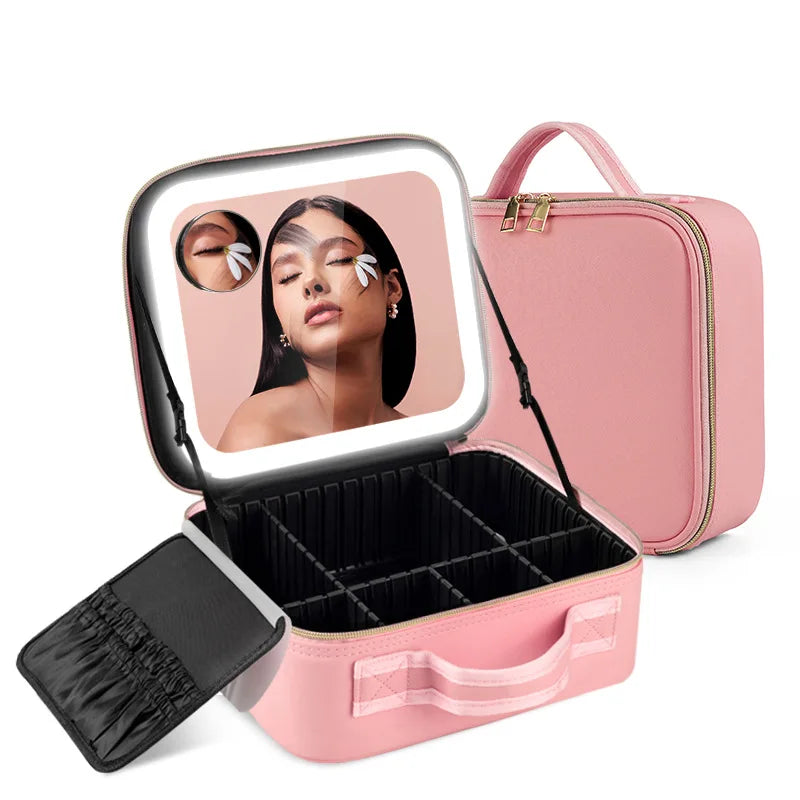 Wholesale Cosmetic Organizer Case With Adjustable Compartments Waterproof Portable Travel Makeup Bag With Mirror and LED Lights