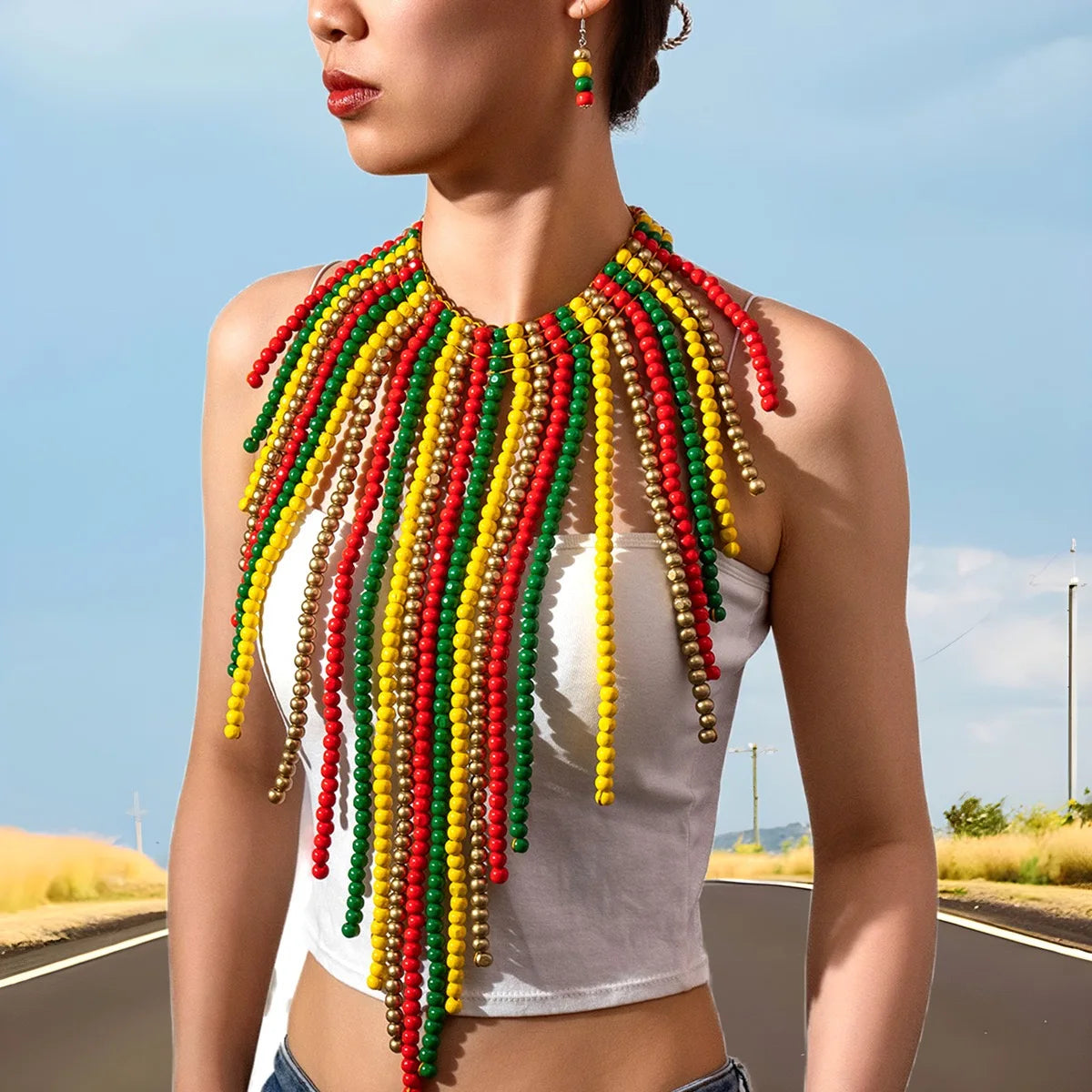 Exaggerated Long Tassel Wooden Necklace and Earrings Set Flag Pattern African Middle East Banquet Ornament Handmade Jewelry Set