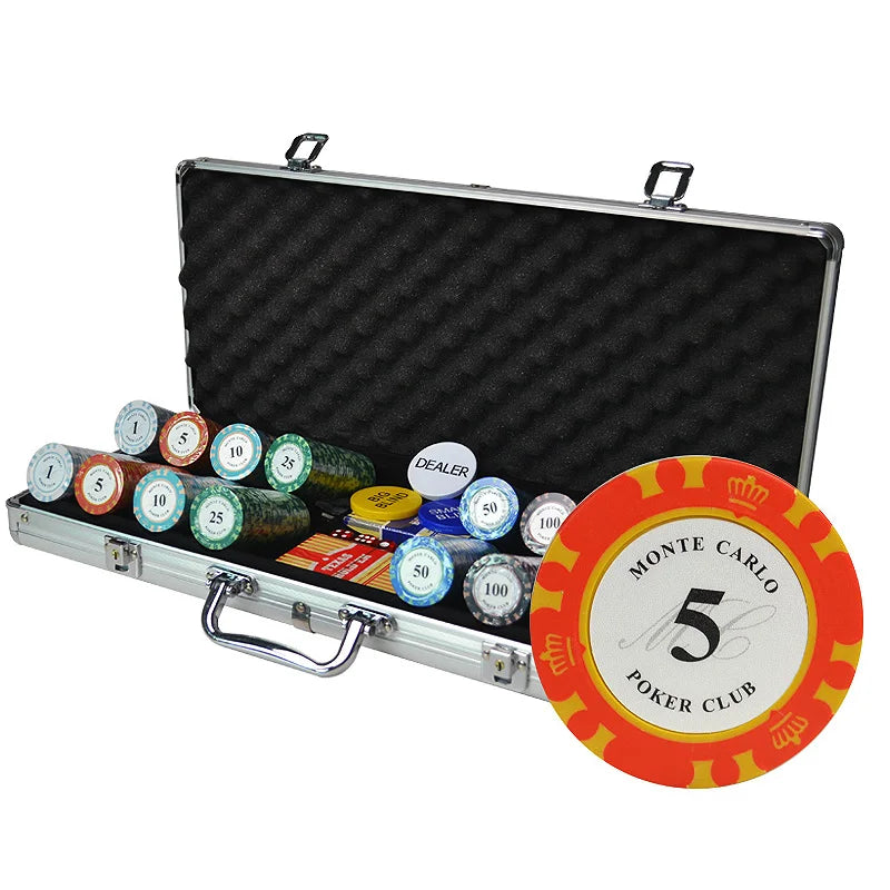 Hot Sale 100-500 Pcs Clay Aluminum Suitcase Baccarat Black Jack  Metal Coins Sets + Metal Box Monte Carlo Poker Chip Set