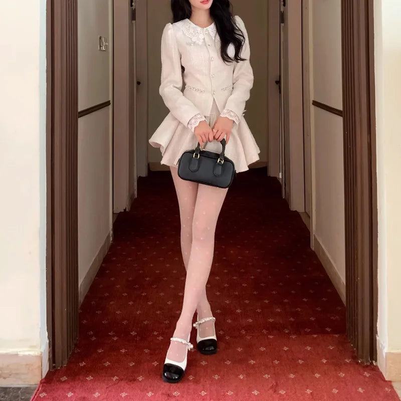 Guangzhou Auyan Doll Collar Retro Waist Slimming Heavy Industry Autumn New Pommel Skirt Set MegaBDM