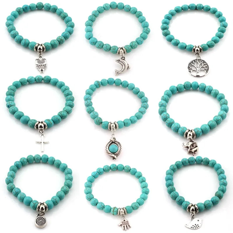 Hot Selling Turquoise Stones Bracelet for Women Bird Elephant Charm Set Wholesale Cheap Lady Jewelry Boho Bracelet