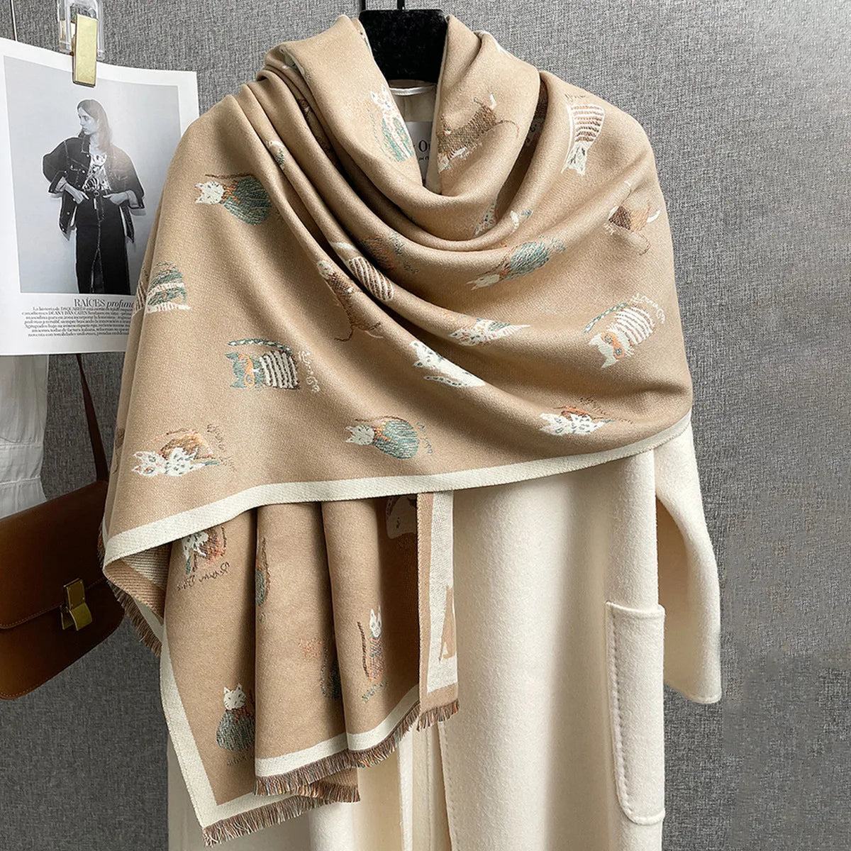 Cartoon Cat Korean Version Faux Cashmere Scarf for Women Dual-Use Winter Shawl Outerwear Versatile Thickened Student's Polyester