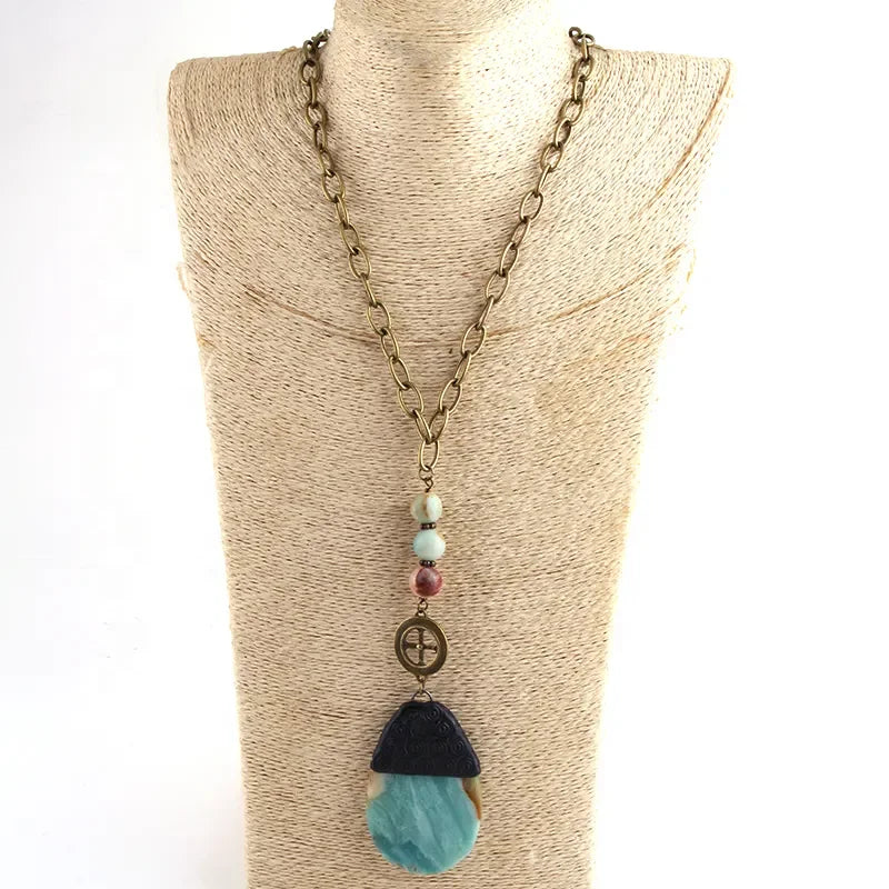 Fashion Women Natural Stone Beads Alloy Wafer Hollow Irregular Amazonite Solider Cross Water Drop Choker Pendant Choker Necklace