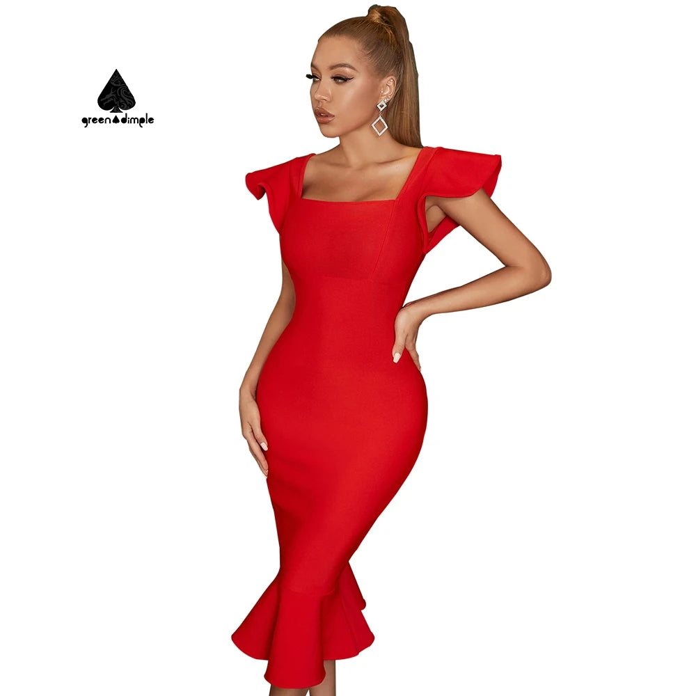 Elegant Evening Bandage Dress Modest Ruffle Sleeve Square Neck Sexy Slimming Fishtail Evening Party Ball Gown Bodycon Dress