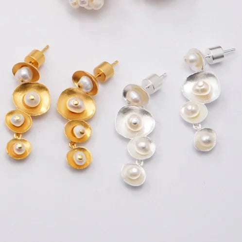 Real Real Gold Electro - Plated & Platinum- Plated Brass Round Millet Pearl Earrings in Gold and Silver Trendy Jewelry for Women
