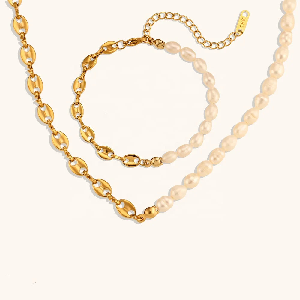 Unique Design Asymmetric Pig Nose Necklace Bracelet Freshwater Pearl Stainless Steel Sets Jewelry