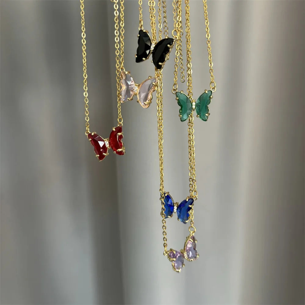 2025 Hot Selling Natural Stone Crystal butterfly 18K Gold Plated Stainless Steel Chain Women Necklaces