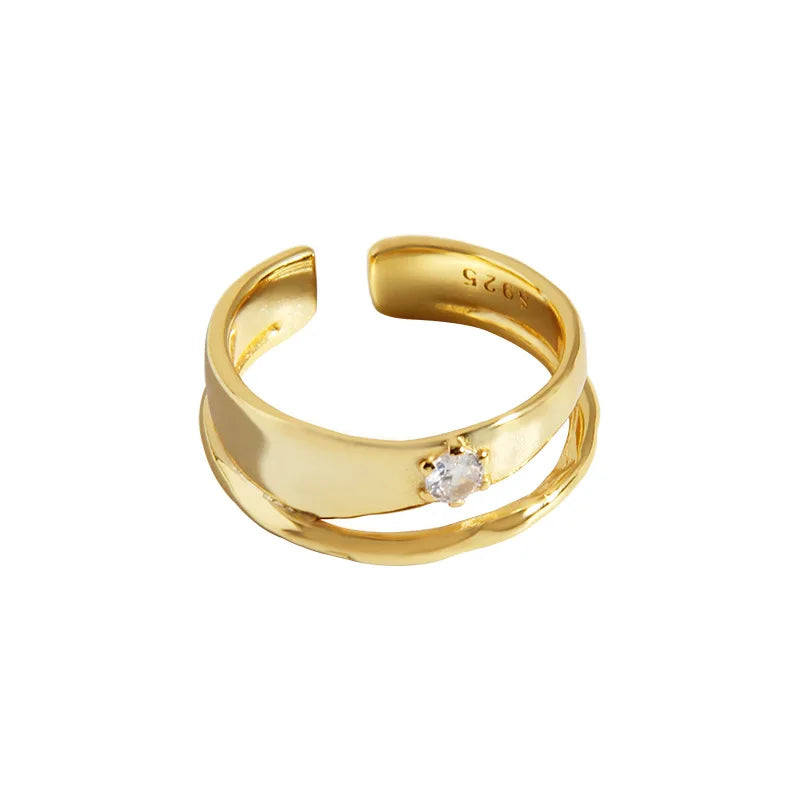 VIANRLA 925 Sterling Silver Double Circle White Zircon Rhodium Plated Ring Chunky Adjustable 18K Gold Ring for Women Jewelry