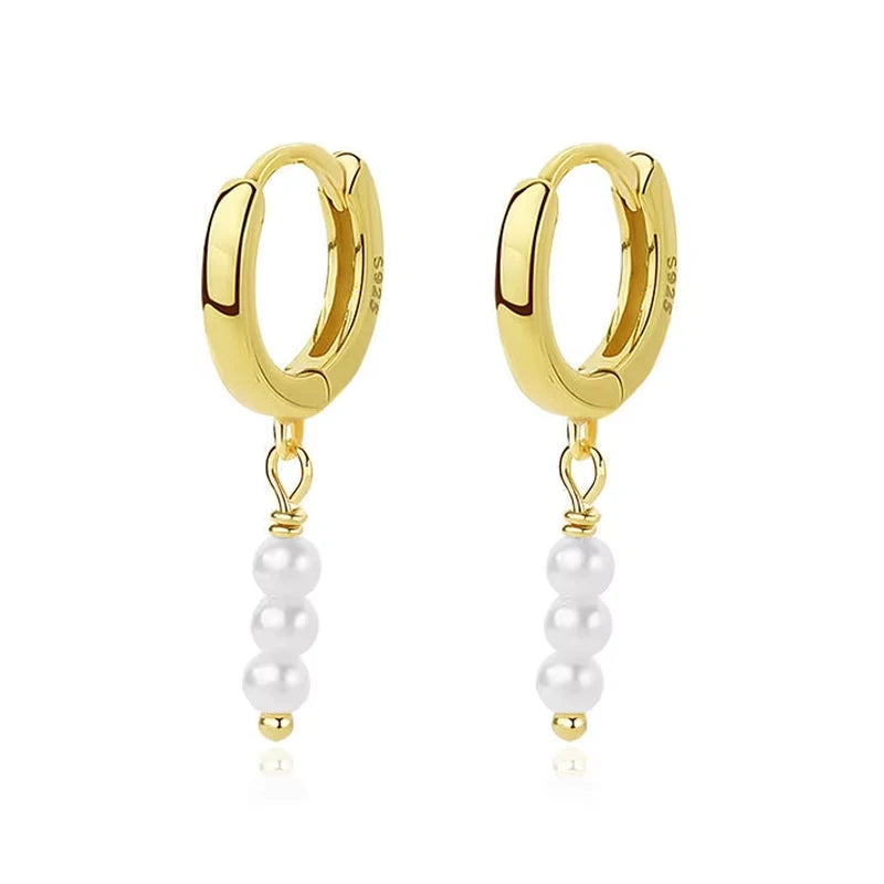 Fashion Dainty  Hoops Ear Jewelry S925 Sterling Silver 18k Gold Plated Pearl Drop Earrings huggies for Women