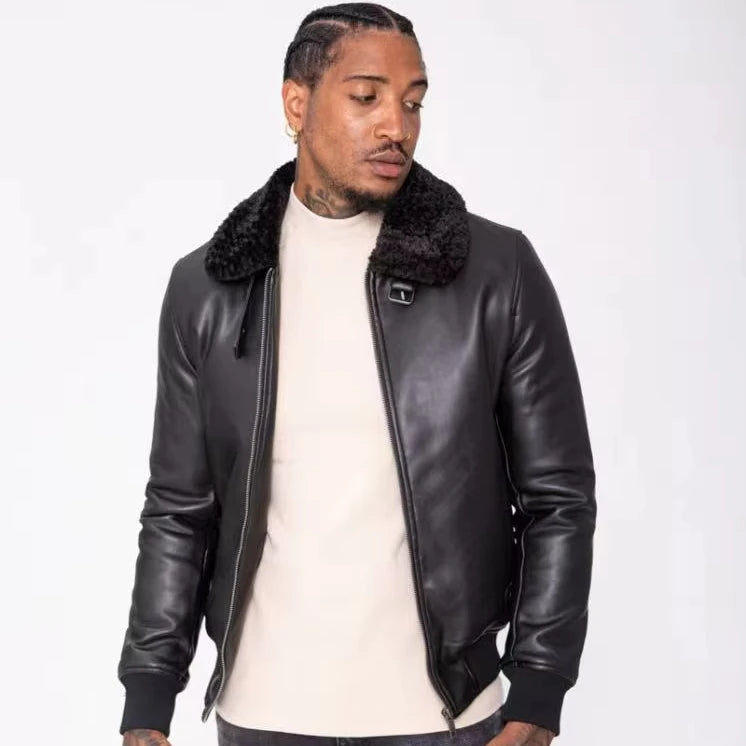 Imperio Shop Unisex Black Faux Leather Casual Winter Jacket with Synthetic Fur Breathable Stylish Outerwear Model 9618 in Negro
