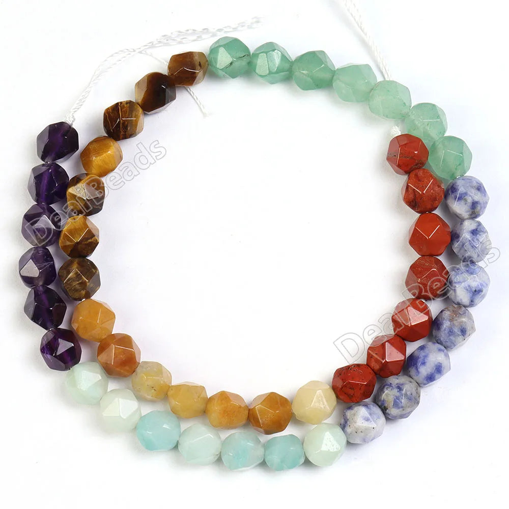 Diamond Cut 7 Chakra Gemstone Beads Faceted Seven Chakras Stone Loose Beads Strand for DIY Jewelry Making 4mm 6mm 8mm 10mm