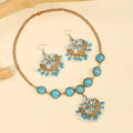 Bohemian Turquoises Tassel Jewelry Set Women Silver Color Alloy Round Dangle Earrings Necklace Sets Ethnic Indian Jewelry Gifts