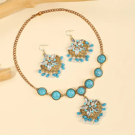 Bohemian Turquoises Tassel Jewelry Set Women Silver Color Alloy Round Dangle Earrings Necklace Sets Ethnic Indian Jewelry Gifts