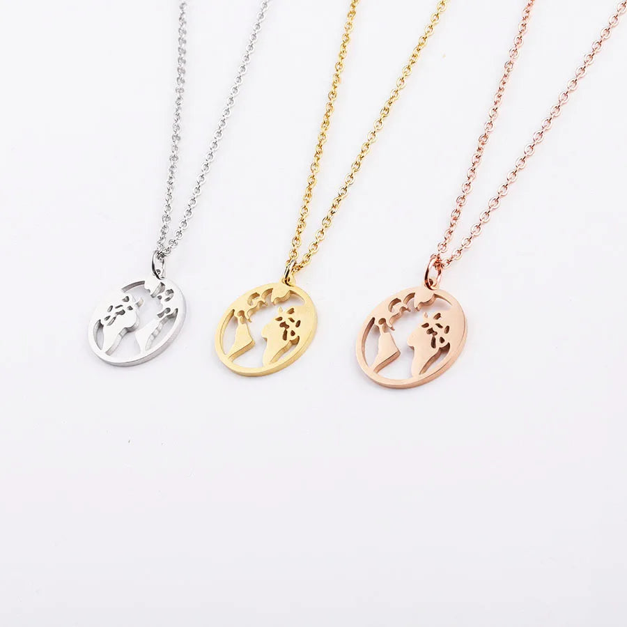 Ins Personality Fashion Creative Double-sided Hollow Earth Map Stainless Steel Necklace Men and Women Couple Pendants for Gift