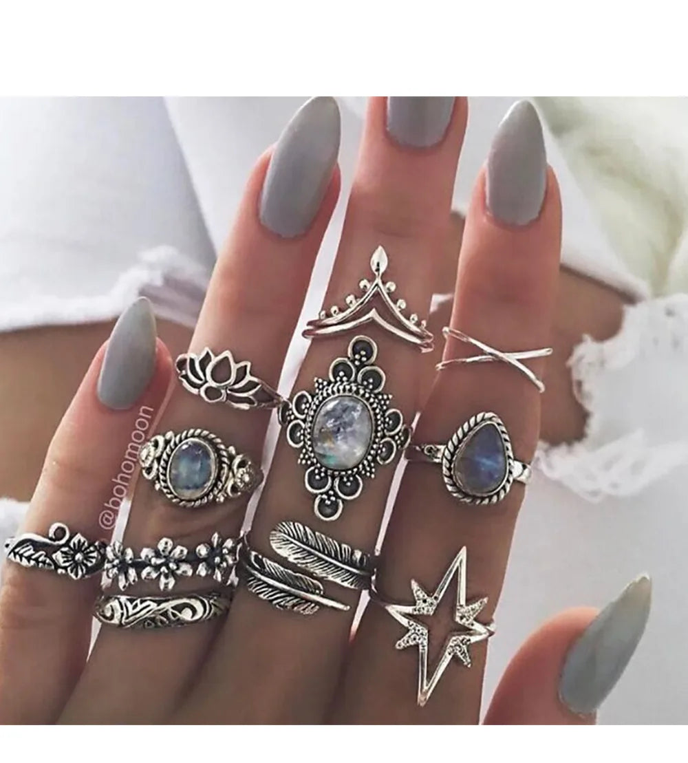 AA00104 11pcs/set New Design Hollow Jewelry Ring Zircon Party Vintage Bohemian Style Stacking Rings Set