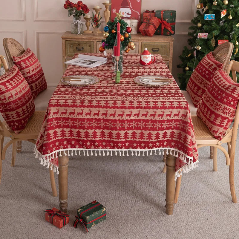 2024 New Winter Christmas Woven Jacquard Red Geometric Pattern Tablecloth with Tassel Edge High-quality for Party and Home Use